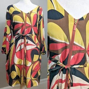 Anthropologie Beth Bowley Silk Dress Zip Front Psychedelic Retro Pockets Size 4